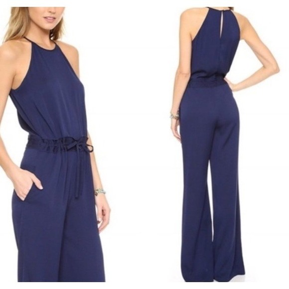 Diane Von Furstenberg Pants - Diane Von Furstenberg Davin Silk Jumpsuit Size 14 Navy Tie Waist Wide Leg Halter